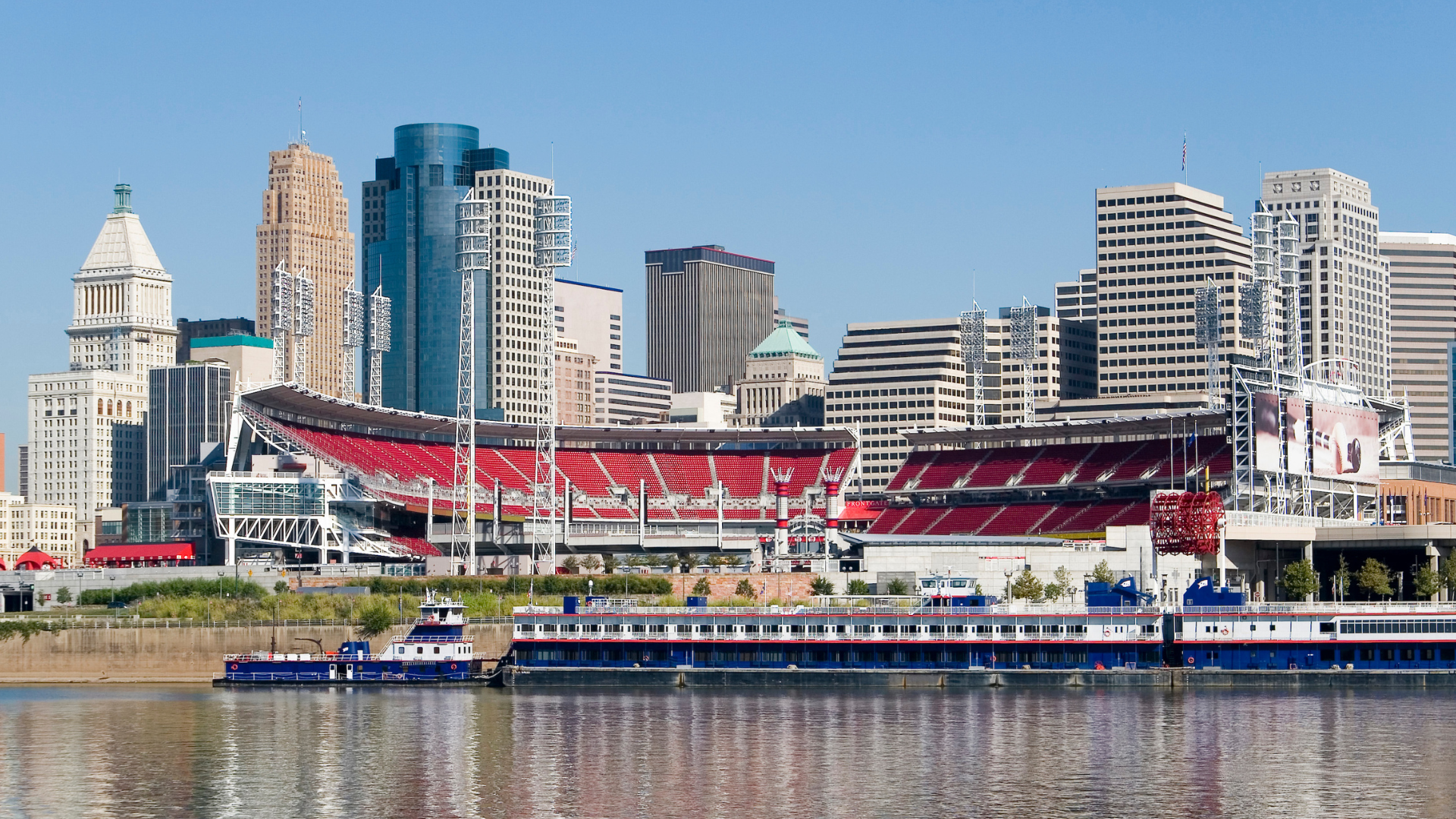 downtown view of buildings and stadium on the water