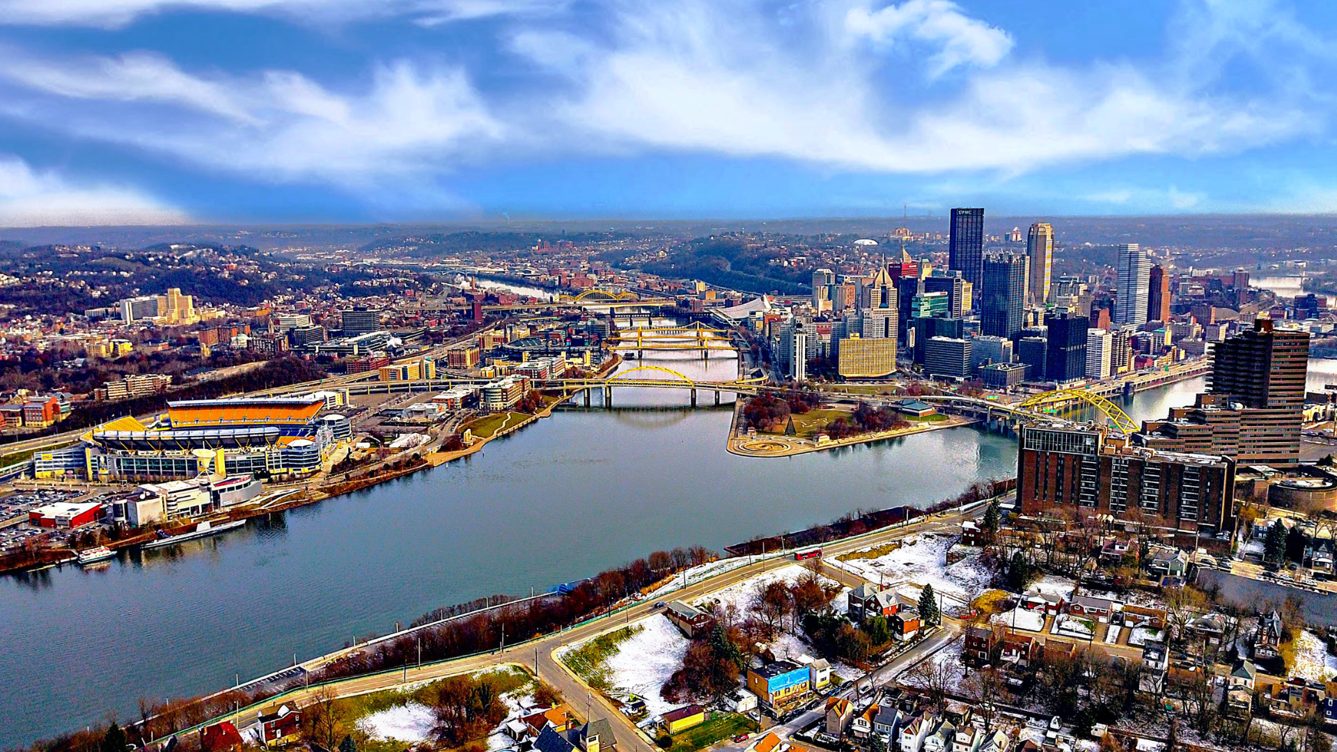Aerial view of the point and downtown Pittsburgh