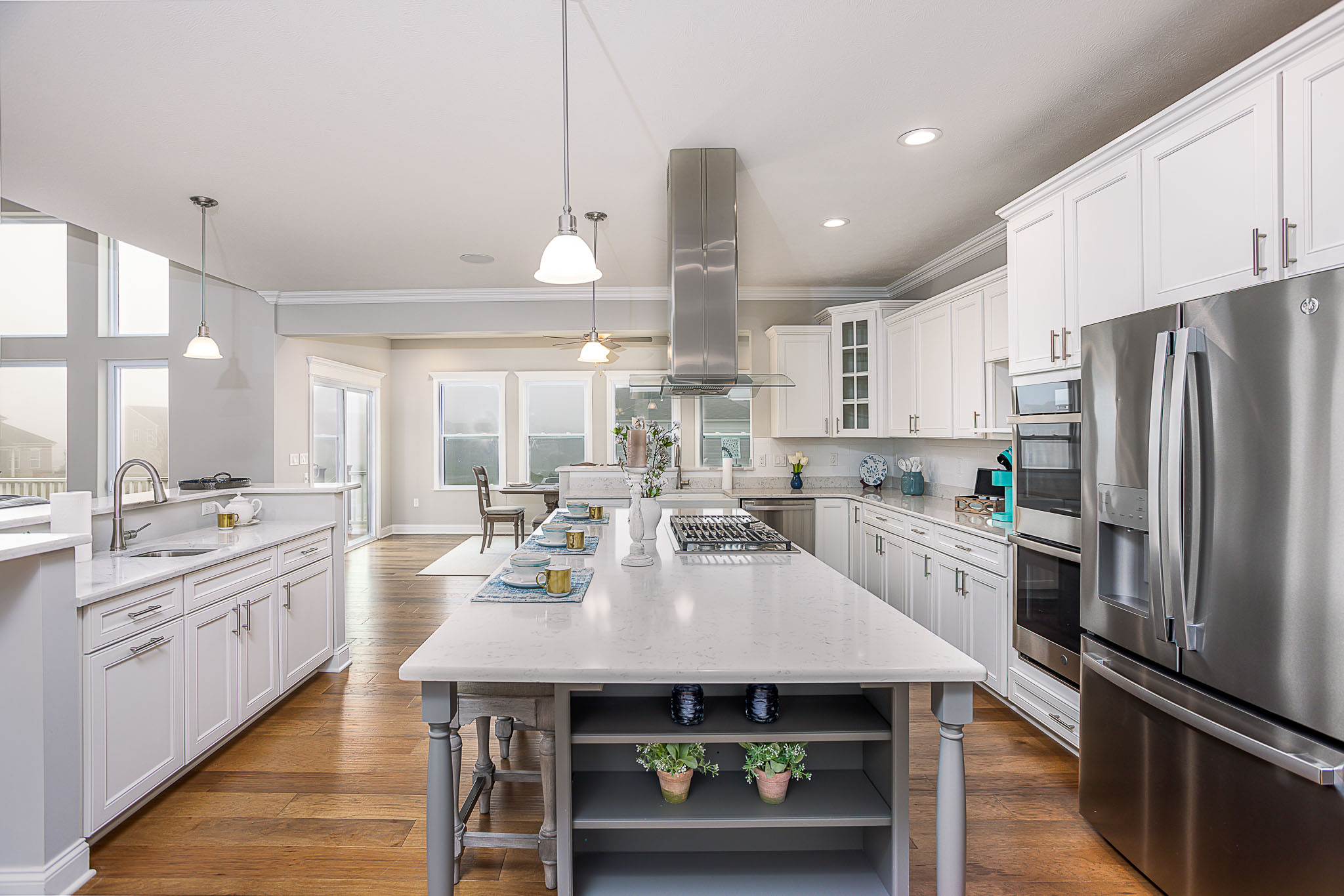 Two kitchen islands in a white kitchen in Clinton, PA